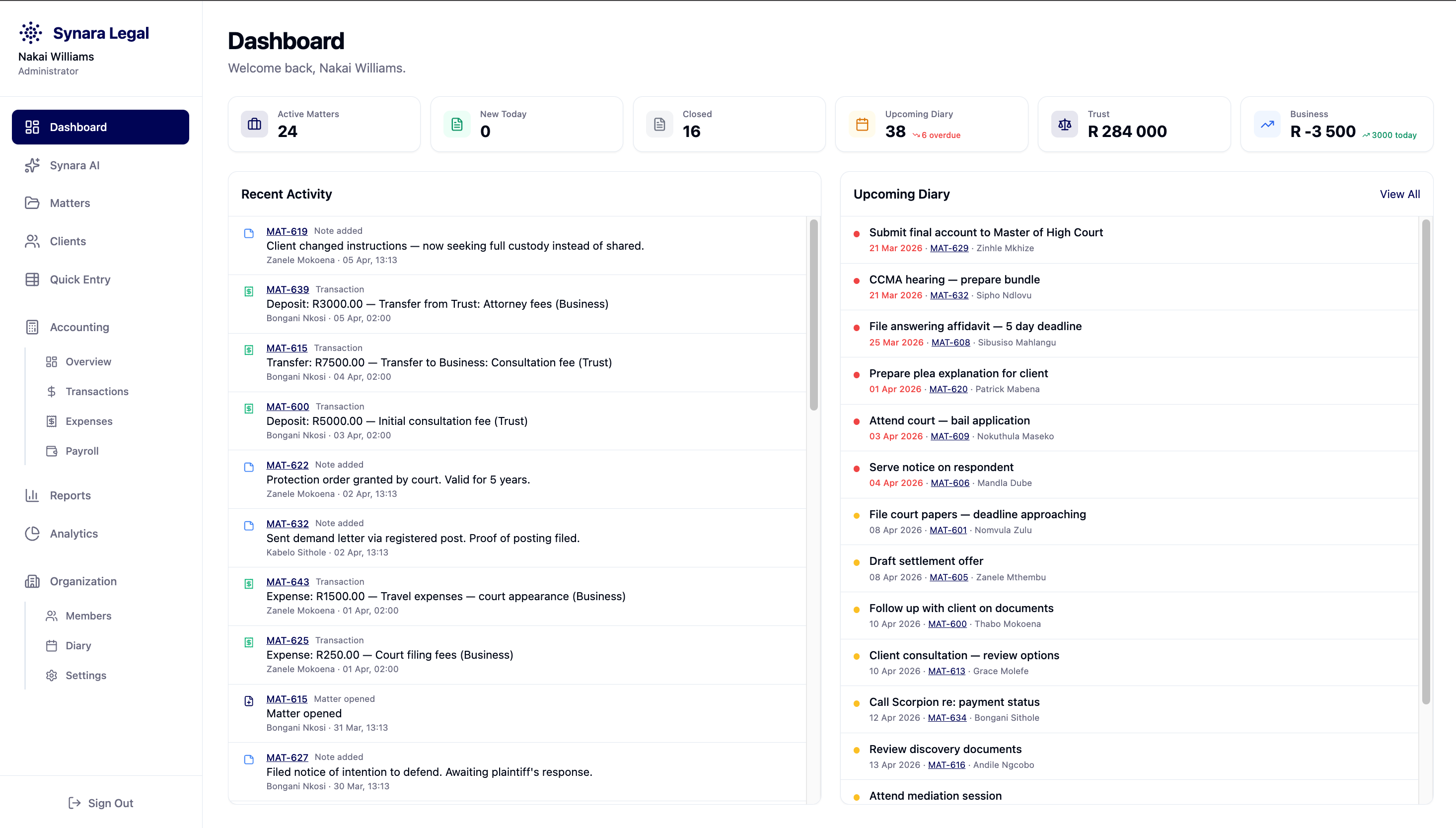 Synara Legal Dashboard